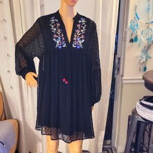 Zara Elegant Black Embroidered Dress Size Medium